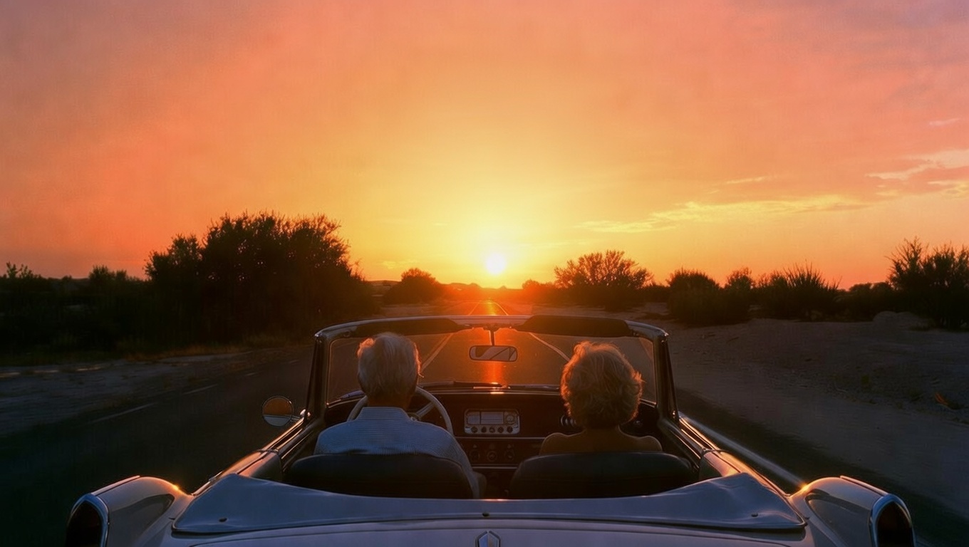 Elderly couple driving into the sunset